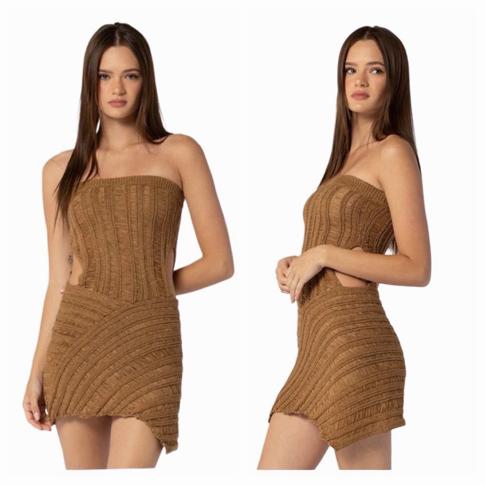 Beige Botany Strapless Dress Sz Medium Caramel Brown Boho Festival Shredded Edgy